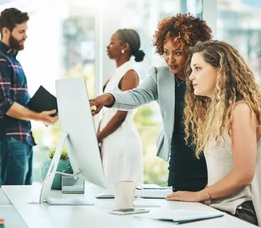 Team in an office in front of a computer